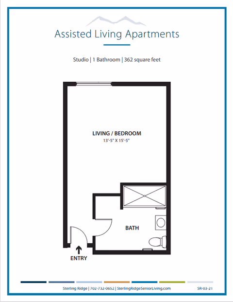Floor plan diagram of a studio assisted living apartment showing a combined living/bedroom area and one bathroom with entry.