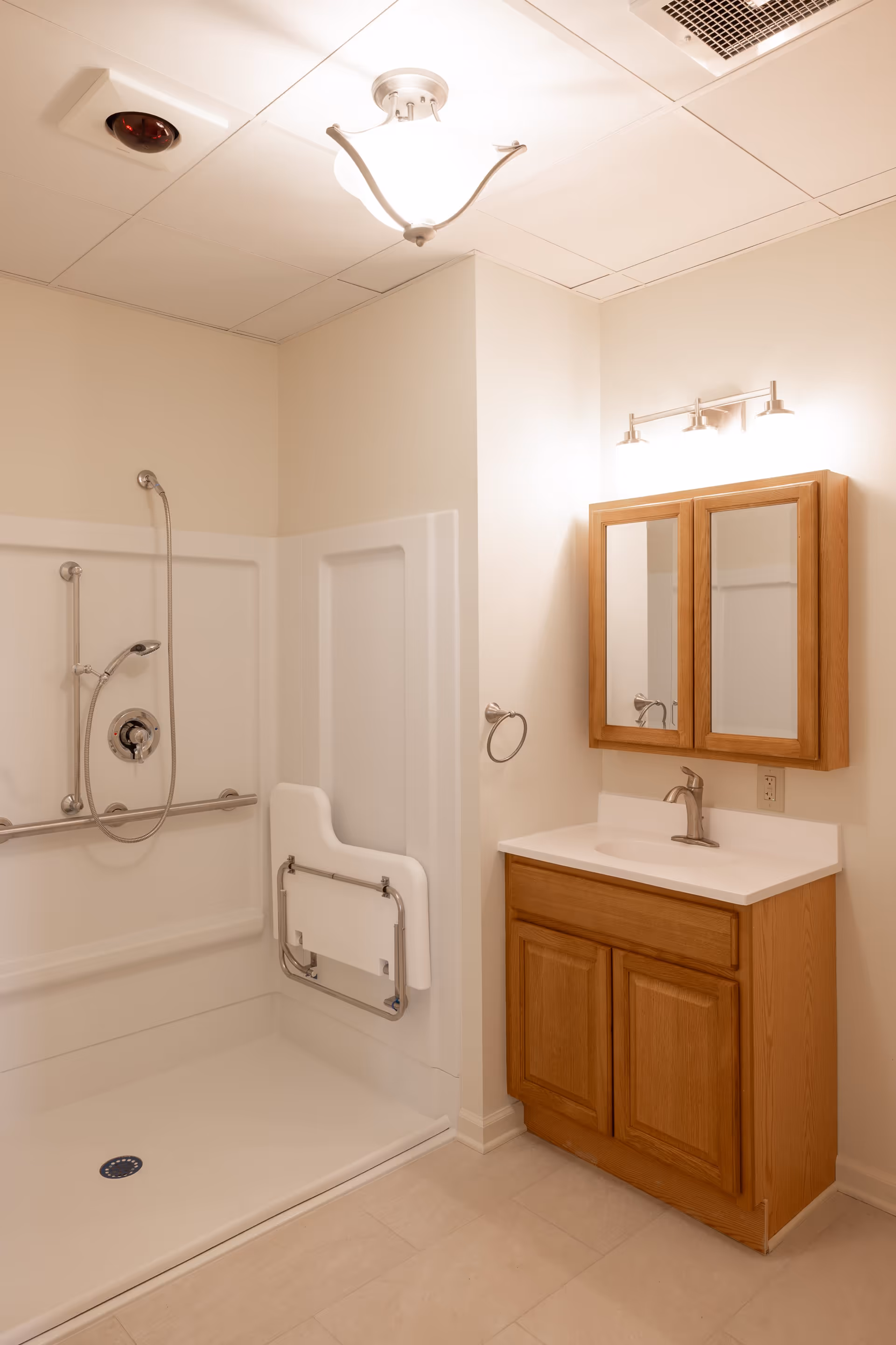 A clean, accessible bathroom featuring a walk-in shower with a fold-down seat and grab bars, a handheld showerhead, a wooden vanity with a white countertop and sink, a mirrored medicine cabinet, and a ceiling light fixture.