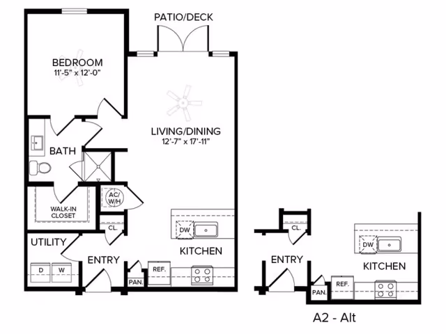 Architectural floor plan of a one-bedroom apartment at Album Benbrook showing a bedroom, bathroom, walk-in closet, utility room with washer and dryer, entry, kitchen with island and appliances, living/dining area with patio/deck access, and an alternate kitchen layout labeled A2 - Alt.
