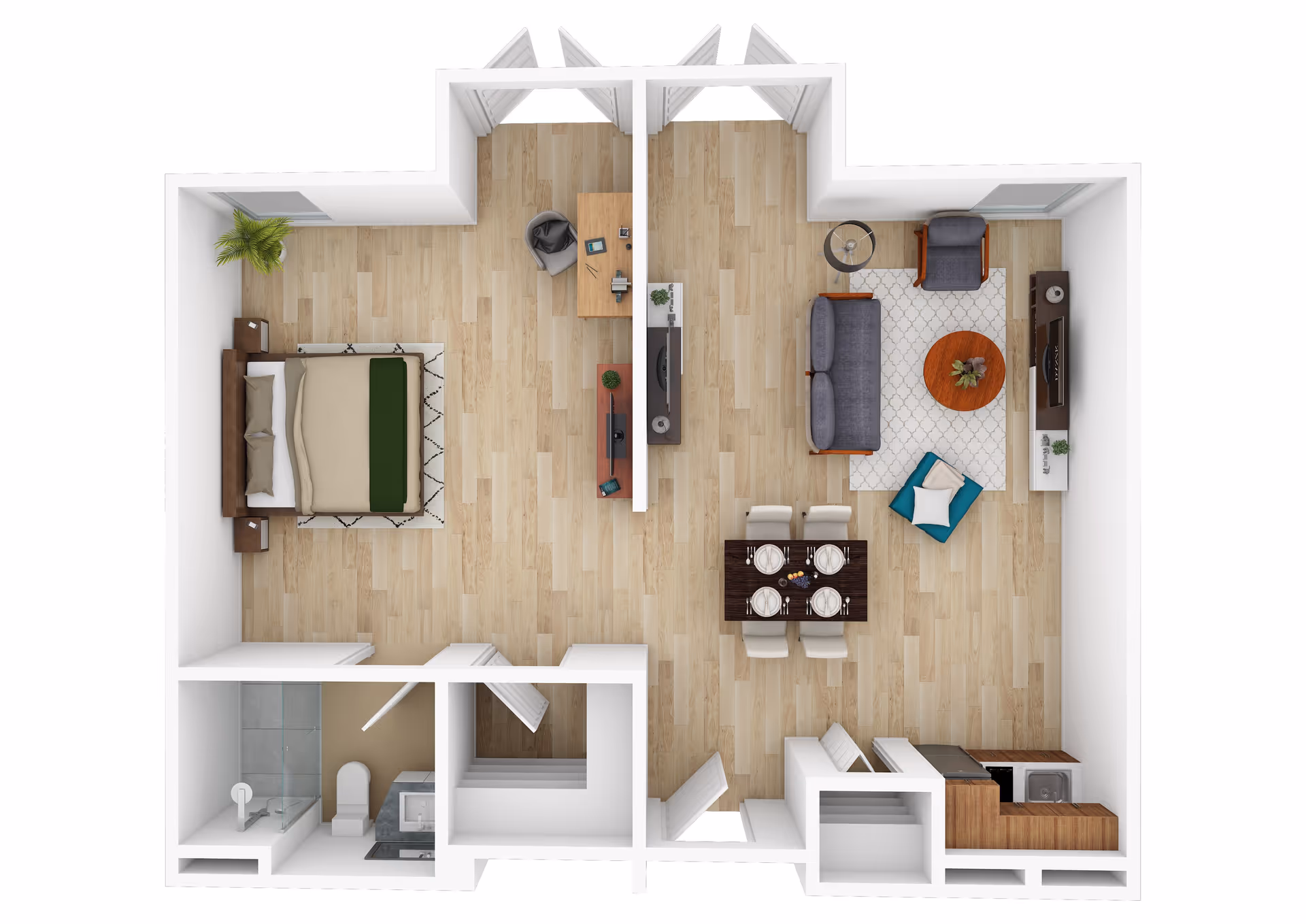 Top-down view of a one-bedroom apartment floor plan featuring a bedroom with a bed and nightstands, a bathroom with a shower, toilet, and sink, a living room with a sofa, armchair, coffee table, TV, and a dining area with a table set for four. There is also a small kitchen area with appliances and cabinetry.