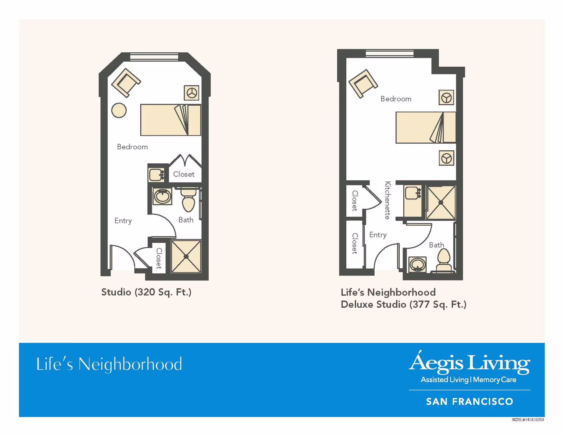 Floor plans of two studio apartments at Aegis Living San Francisco. The left plan shows a 320 sq. ft. studio with a bedroom, entry, bath, and two closets. The right plan shows a 377 sq. ft. deluxe studio with a bedroom, kitchenette, entry, bath, and two closets.