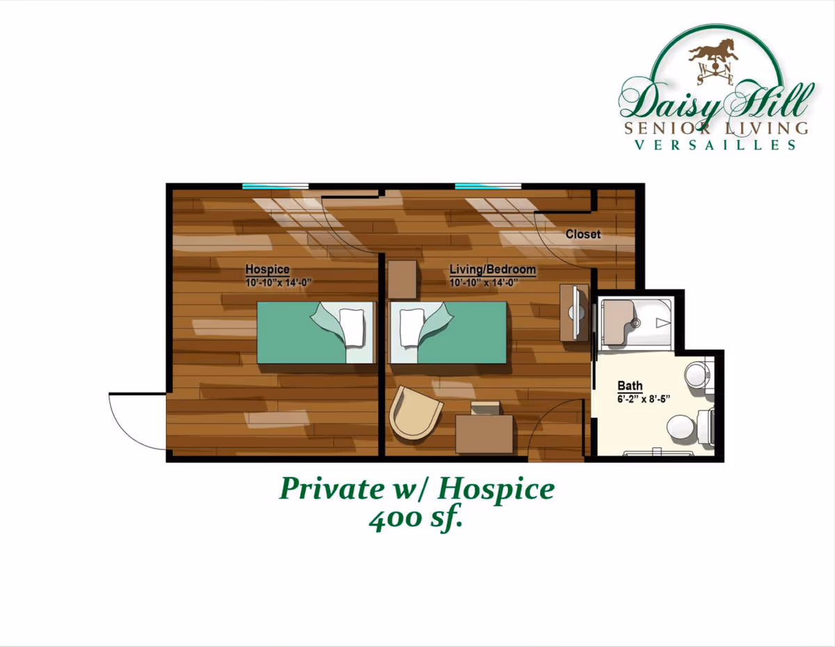 Floor plan of a private hospice room at Daisy Hill Senior Living, showing a hospice room and a living/bedroom area each measuring 10'10" x 14'0", a closet, and a bathroom measuring 6'2" x 8'5". The layout includes two beds, a chair, a desk, and bathroom fixtures including a shower, sink, and toilet.