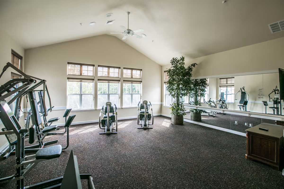A bright exercise room with large windows letting in natural light, featuring various workout machines including two recumbent bikes in the center and a multi-station gym machine on the left. The room has a high vaulted ceiling with a ceiling fan, a large mirror on the right wall, and a tall potted plant near the mirror. The floor is covered with dark speckled carpet.