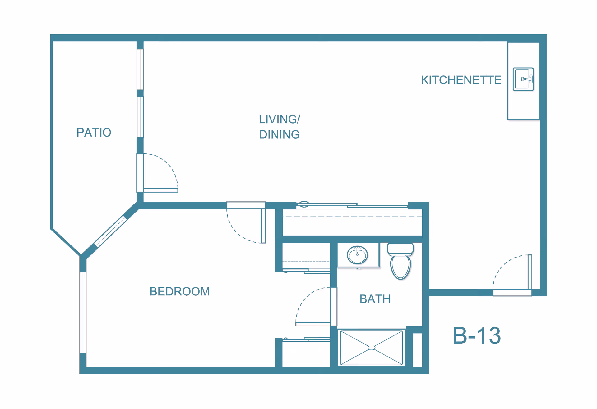 Floor plan of a living space at Solista Bellevue showing a bedroom, bath, living/dining area, kitchenette, and a patio.