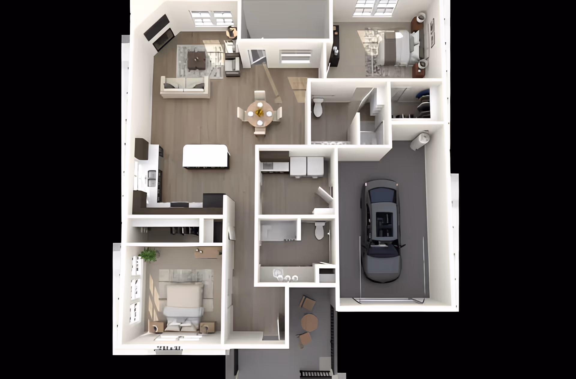 3D floor plan of a residential unit showing a living room with sofa and TV, dining area with round table and chairs, kitchen with island, two bedrooms, two bathrooms, laundry area, garage with a car, and a small outdoor patio with table and chairs.