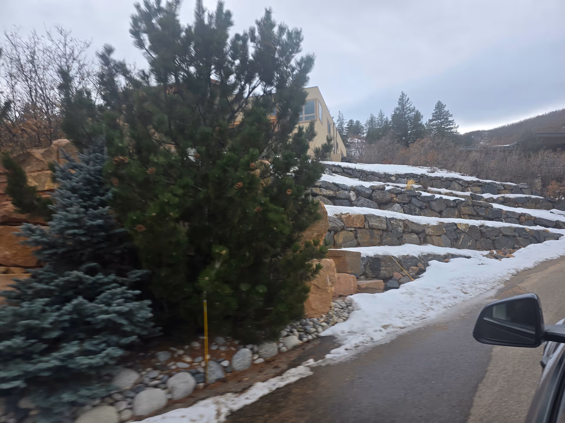 Snow-dusted terraced rock retaining walls and evergreen trees along a roadside with a building visible in the background.