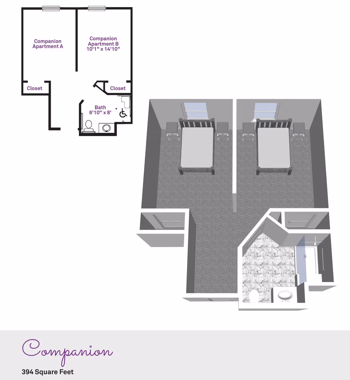 3D floor plan and layout of a companion apartment at Brownsburg Meadows Assisted Living, showing two adjacent bedrooms each with a bed and nightstand, a shared bathroom with a toilet, sink, and shower, and closets in each bedroom. The total area is 394 square feet.