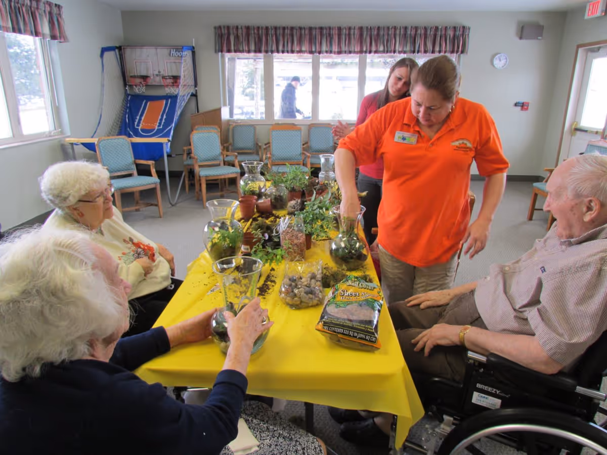 A group of elderly people and two caregivers gathered around a table covered with a yellow tablecloth, engaging in a gardening activity with plants, soil, and decorative stones in a well-lit room with chairs and windows.