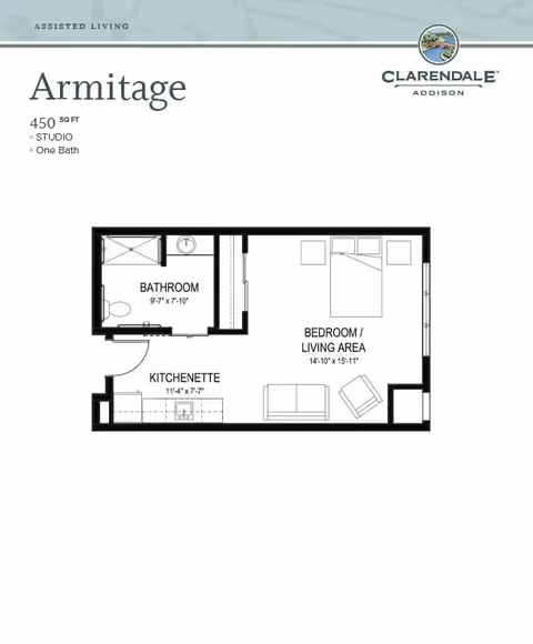 Floor plan of a studio apartment named Armitage at Clarendale of Addison, showing a 450 square feet layout with one bathroom, a kitchenette, and a combined bedroom and living area.