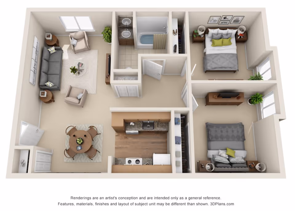 3D floor plan of a two-bedroom apartment featuring a living room with sofa and chairs, a dining area with a round table and four chairs, a kitchen with appliances and countertops, a bathroom with a bathtub, and two bedrooms each furnished with beds and nightstands.