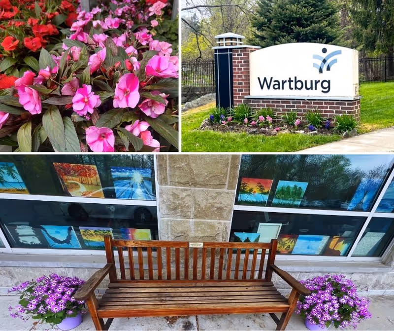 A collage of three images showing colorful flowers, a brick and stone sign for Wartburg with landscaping, and a wooden bench with purple flowers on either side in front of a window displaying various paintings.