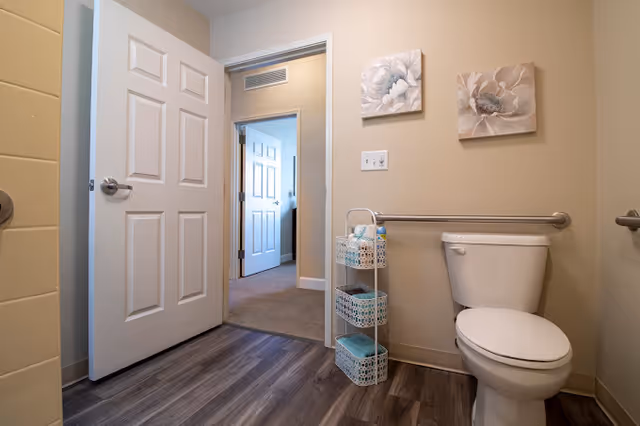Accessible bathroom with a toilet and grab bar, a three-tier storage rack holding towels, floral wall art, and an open door to a carpeted hallway.