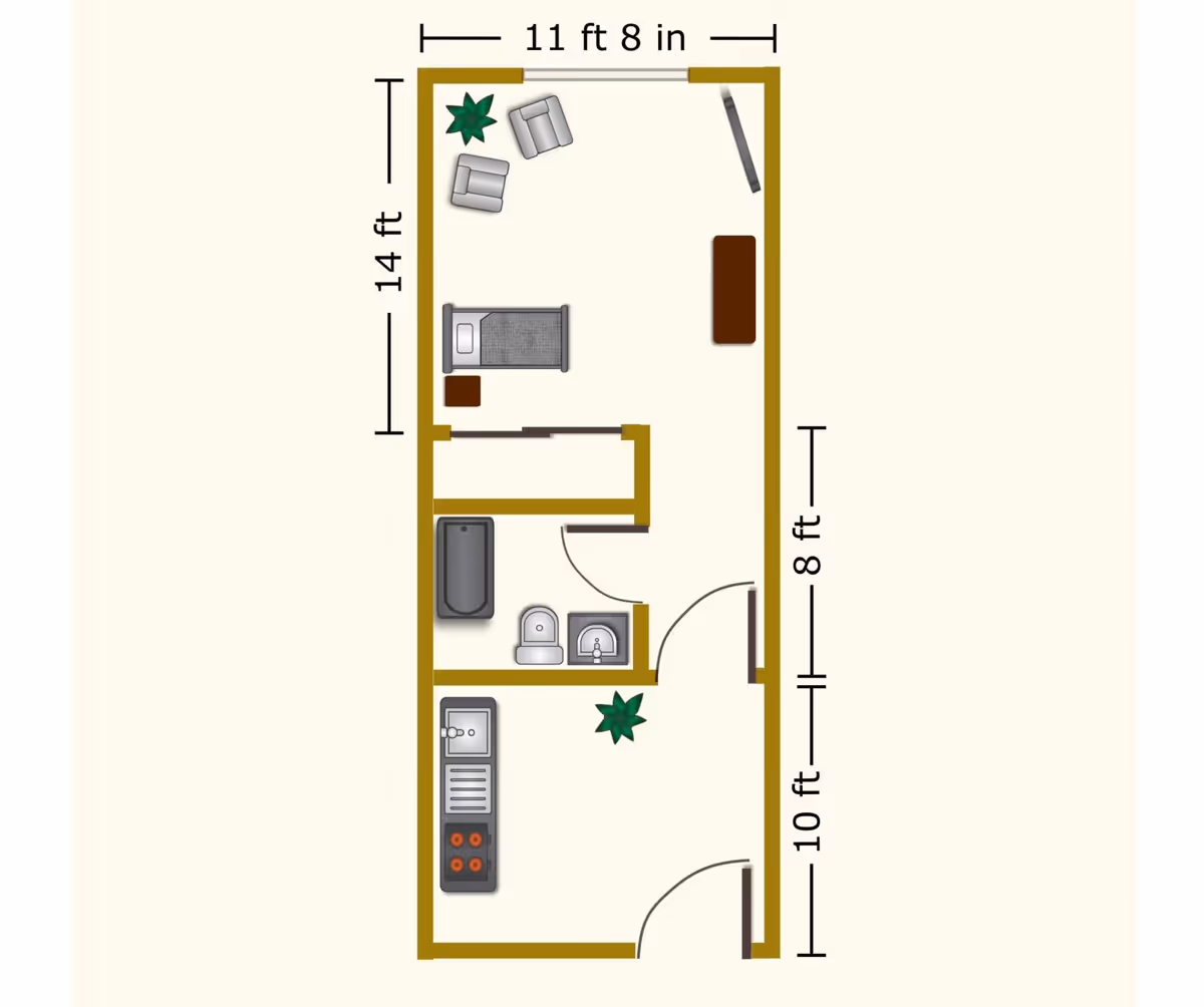 Floor plan of a small apartment unit at Peters Creek Retirement Center showing a combined living and sleeping area with a bed, two chairs, a desk, and plants. The unit includes a bathroom with a bathtub, toilet, and sink, and a kitchen area with a stove and sink. Dimensions are marked for each section of the unit.