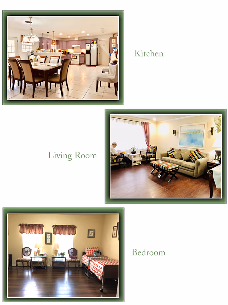 Collage of three images showing interior spaces of Galway Meadows Care Home: a kitchen with dining table and chairs, a living room with sofa, armchairs, and a person sitting by the window, and a bedroom with two chairs, a bedside table, and a single bed with a red and white patterned bedspread.