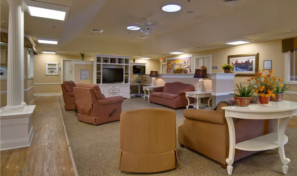 A cozy senior living lounge with armchairs and sofas arranged around a TV cabinet, side tables, lamps, and potted plants.
