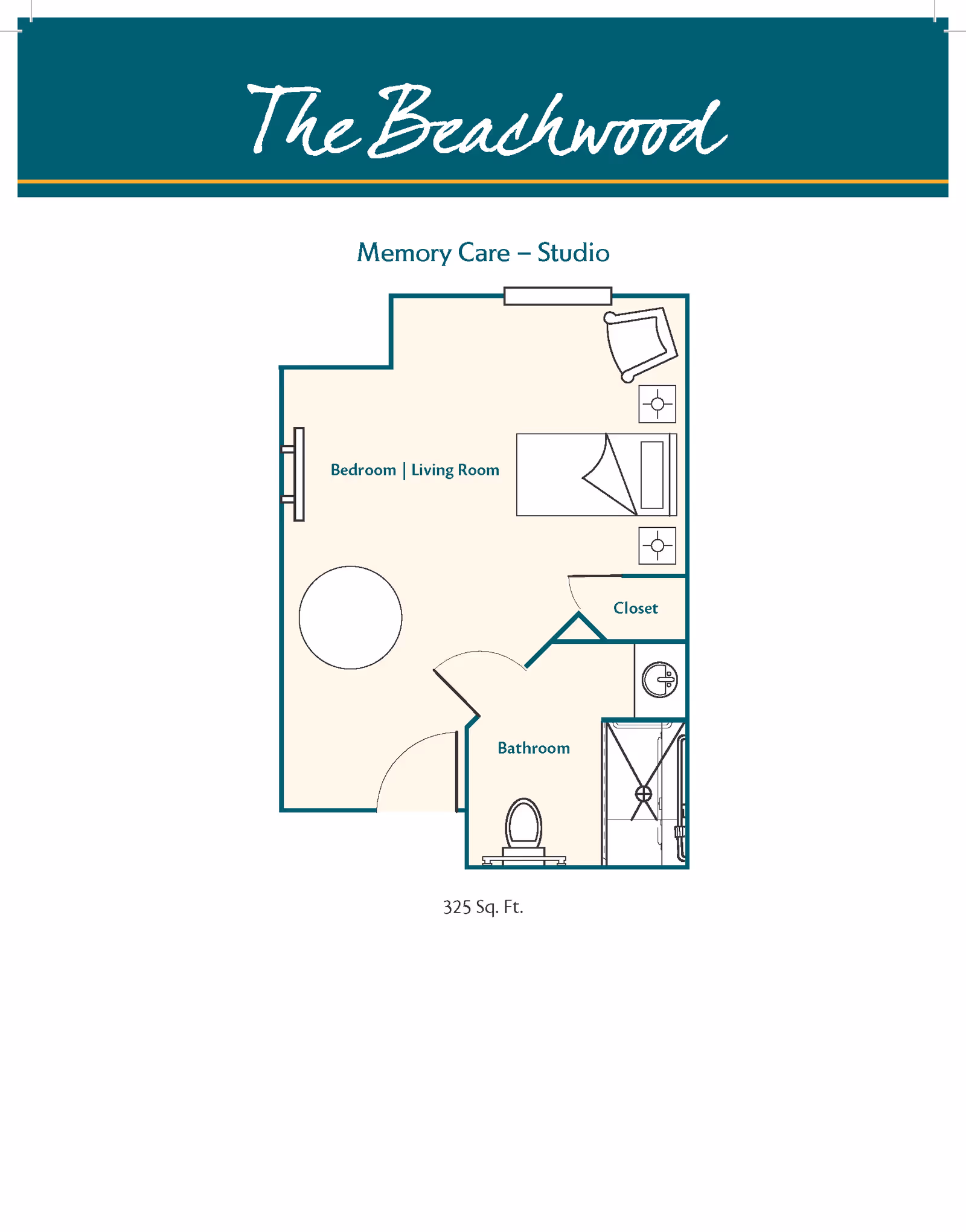 Floor plan diagram of a 325 sq. ft. memory care studio labeled 'The Beachwood' showing a combined bedroom/living area, closet, and bathroom.