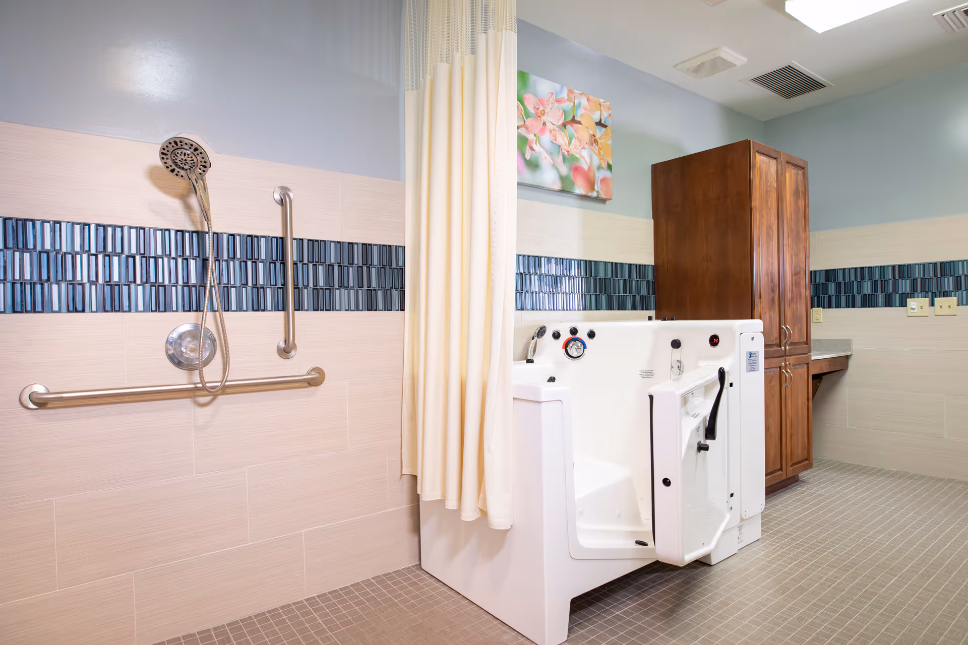A bathroom with a walk-in bathtub featuring an open door and control knobs, a handheld showerhead mounted on the wall with grab bars, a wooden cabinet, a countertop, and a floral painting on the wall. The walls have a blue and beige tile design, and the floor is tiled in a neutral color.