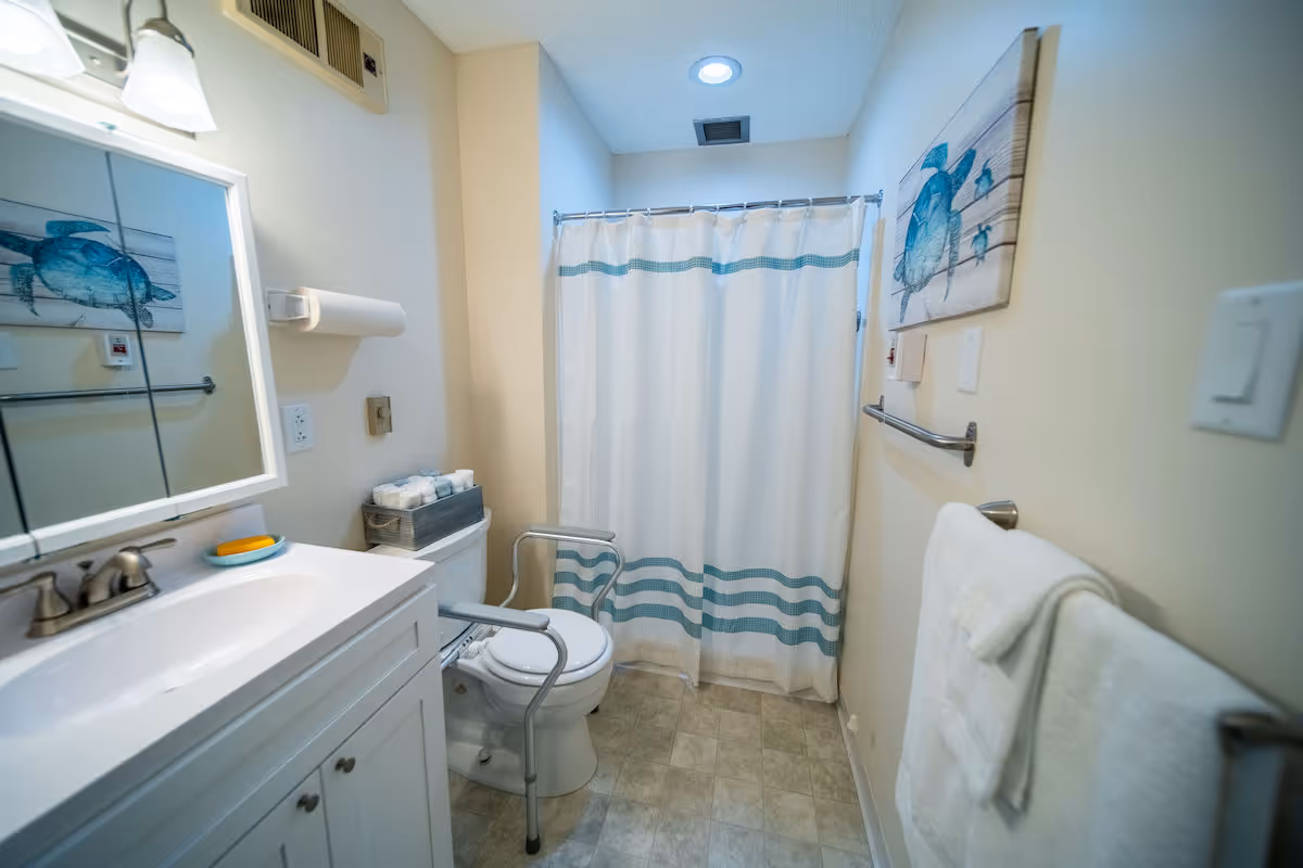 A small bathroom with a white vanity and sink on the left, a toilet with safety rails, and a shower with a white curtain featuring blue stripes. There is a towel rack with a white towel on the right wall and a painting of turtles above it. The floor is tiled, and the walls are light-colored.