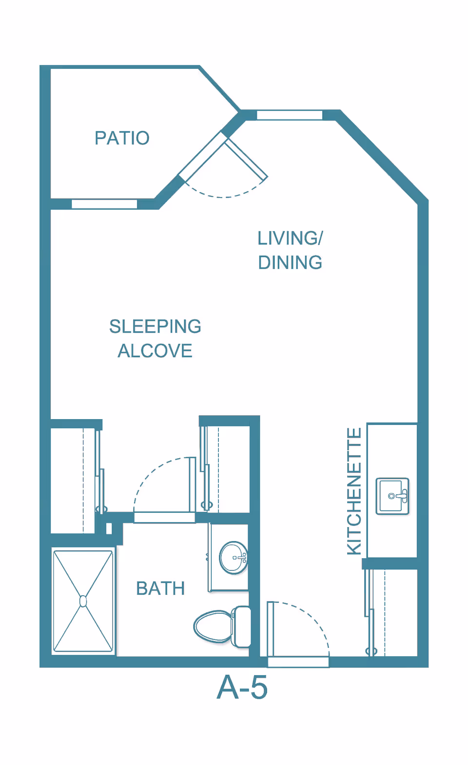 Floor plan of a studio apartment labeled A-5 showing a patio, living/dining area, sleeping alcove, kitchenette, and bathroom with a shower, toilet, and sink.