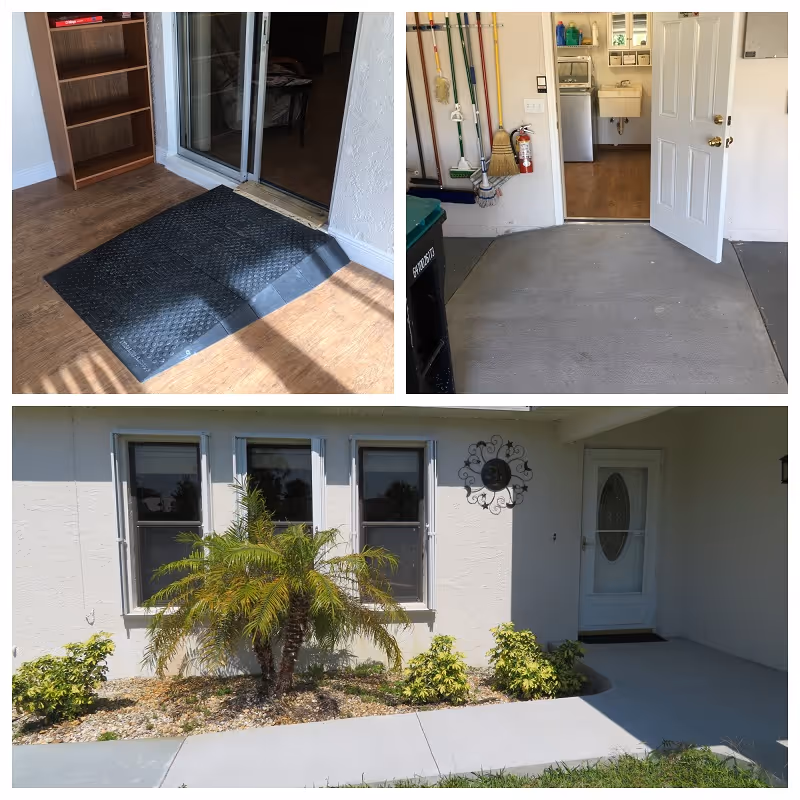 Three images showing entry areas of the facility: an interior threshold with a rubber mat and sliding door, a utility/garage doorway with cleaning supplies, and the building's front exterior with windows, a small palm and a white entry door.