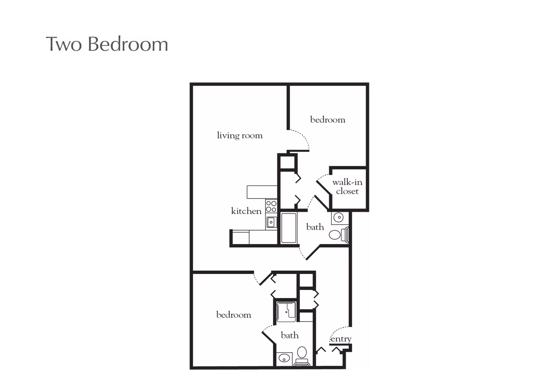 Floor plan layout of a two-bedroom apartment featuring a living room, kitchen, two bedrooms, two bathrooms, a walk-in closet, and an entry area.