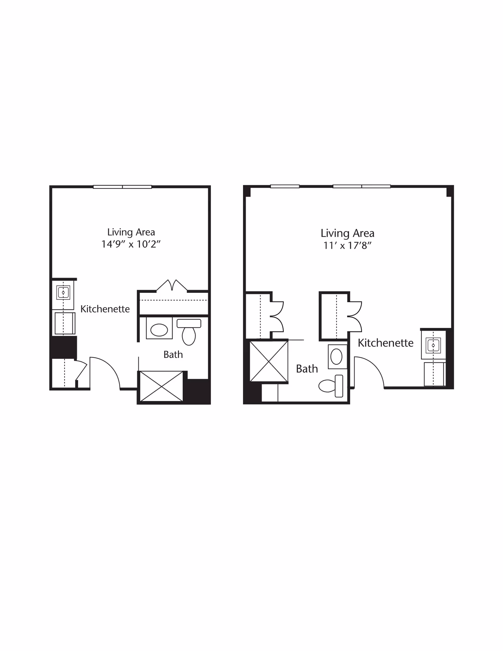 Two black and white architectural floor plans side by side, each showing a living area, kitchenette, and bath. The left floor plan has a living area measuring 14'9" x 10'2" and the right floor plan has a living area measuring 11' x 17'8".