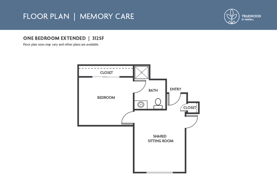 Black floor-plan graphic titled 'Floor Plan | Memory Care' showing a one-bedroom extended layout with a bedroom, closet, bath, entry, and shared sitting room.