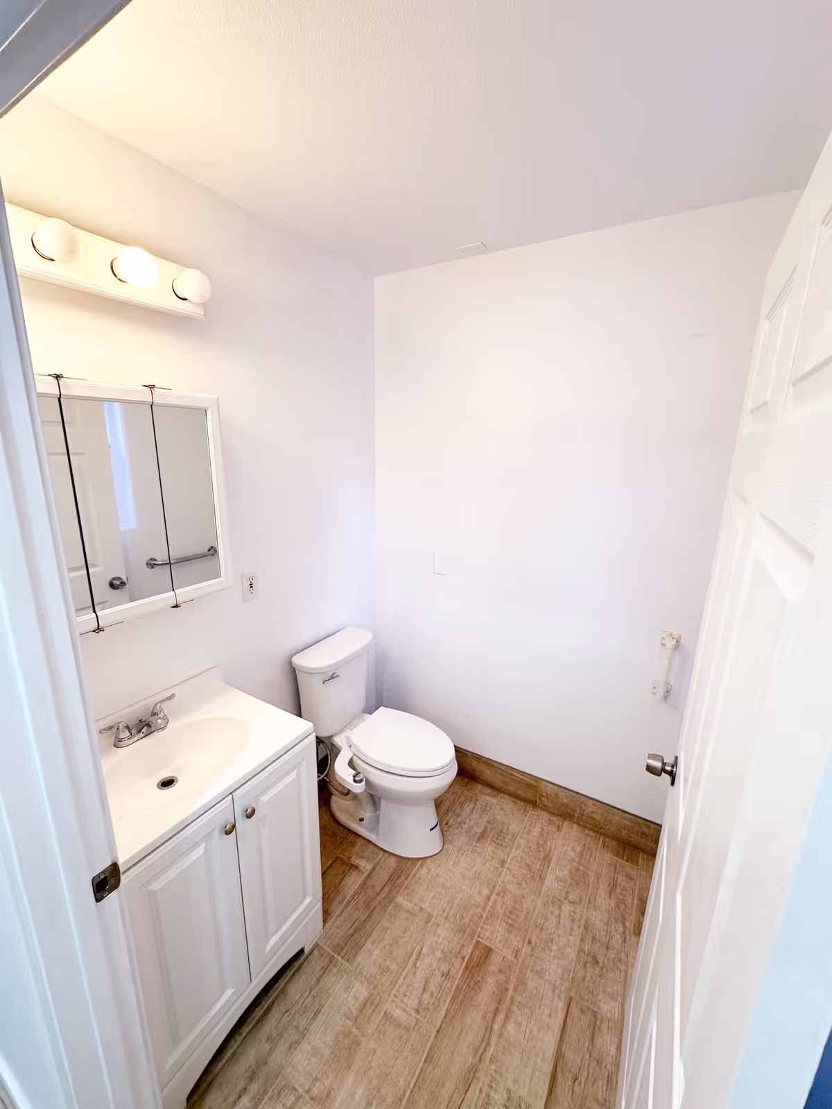Small white bathroom with a vanity and mirror, a toilet, and wood-look tile flooring.