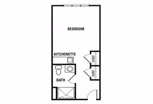 Black-and-white floor plan of a studio apartment showing a bedroom area, kitchenette, bathroom, and two closets.