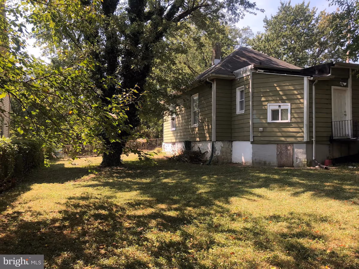 A green single-story house with white trim surrounded by a grassy yard and large trees providing shade. The house has multiple windows and a small door on the side. The scene is outdoors with sunlight filtering through the trees.