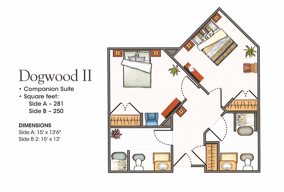 Floor plan of Dogwood II companion suite at St Josephs Village, showing two separate sleeping areas each with a bed, nightstands, and closets. Each side has its own bathroom with a toilet, sink, and bathtub. The dimensions and square footage for each side are also provided.