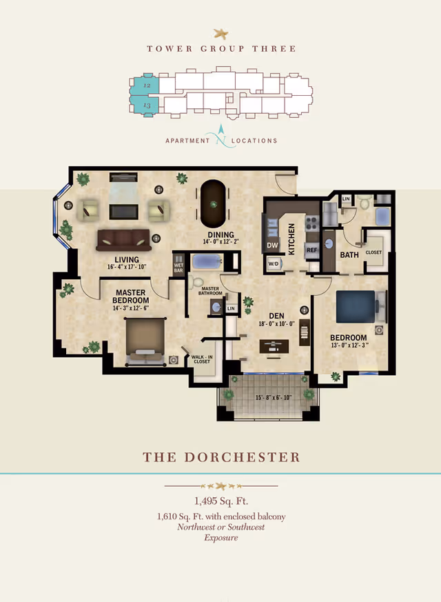 Illustrated floor plan of 'The Dorchester' apartment showing living room, dining area, kitchen, two bedrooms, den, bathrooms, balcony, and an apartment location map.