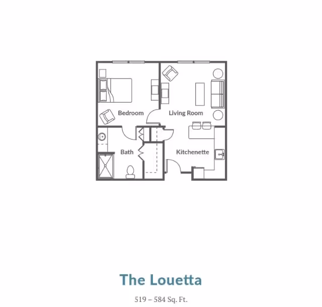 Floor plan of a senior living unit named The Louetta at Spring Creek Village, showing a bedroom with a bed and chair, a bathroom with a shower and toilet, a living room with seating, and a kitchenette area.