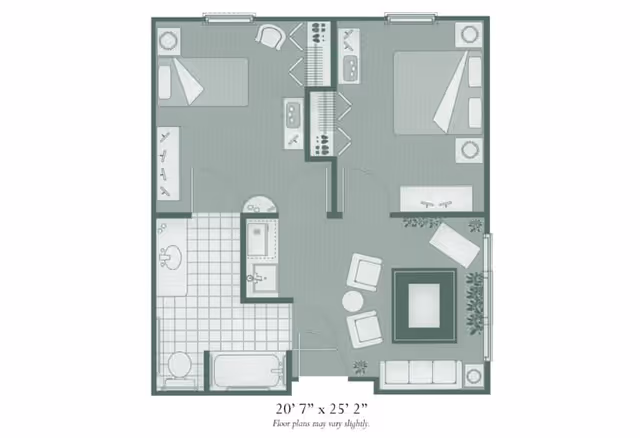 Floor plan of a senior living apartment featuring two bedrooms, a bathroom with a bathtub and toilet, a living room with seating and a fireplace, and a kitchen area with appliances and cabinetry.