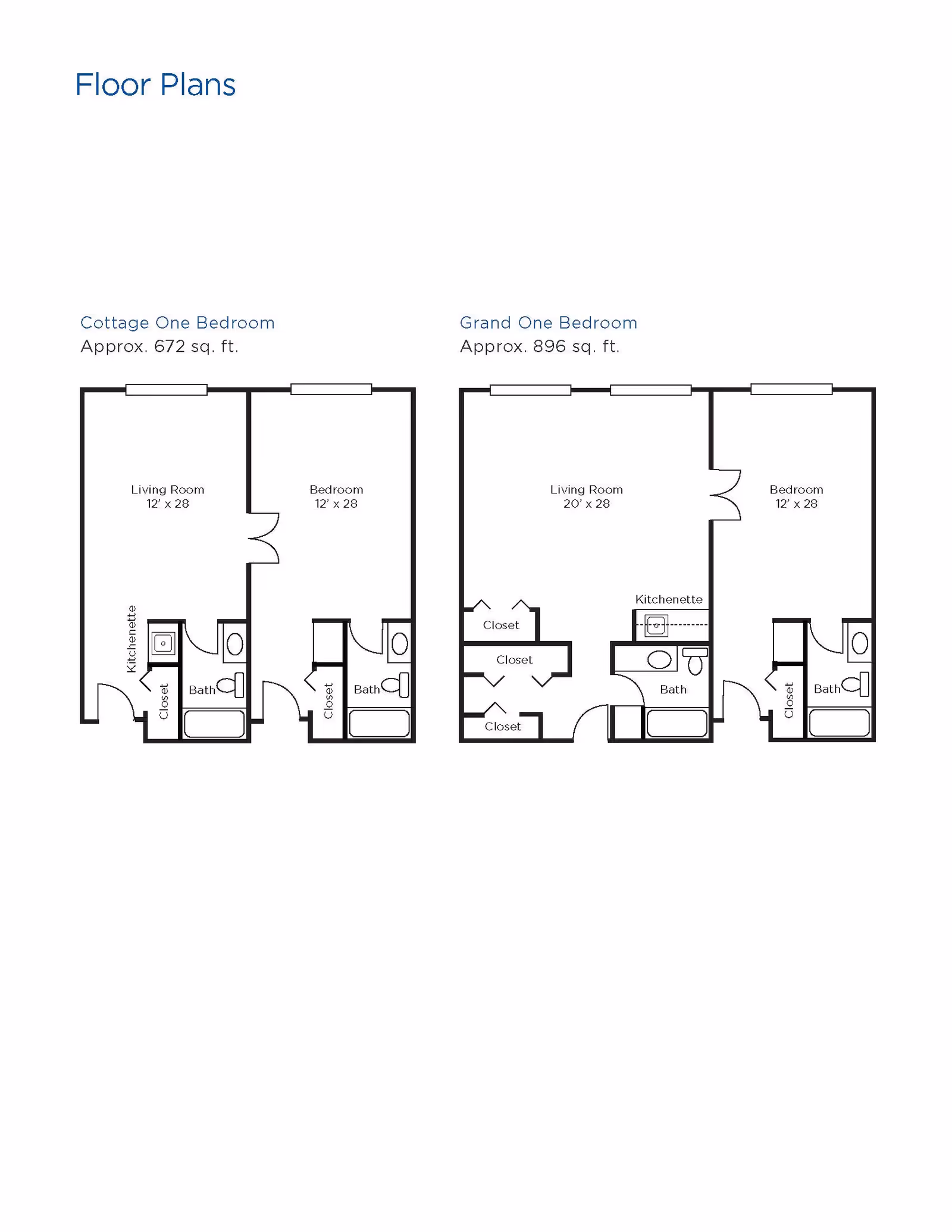 Floor plans for Brookdale Sarasota Midtown showing two layouts: Cottage One Bedroom approximately 672 sq. ft. with a living room, bedroom, kitchenette, bath, and closet; and Grand One Bedroom approximately 896 sq. ft. with a larger living room, bedroom, kitchenette, bath, and multiple closets.