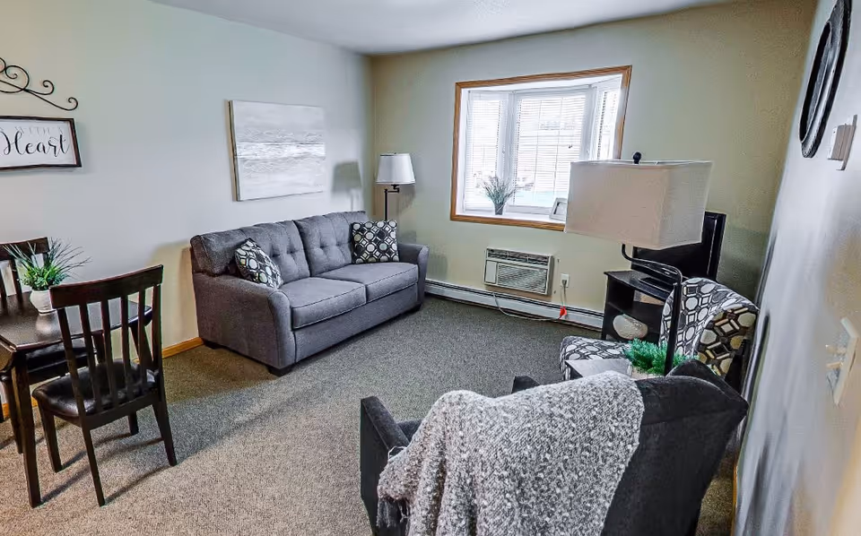 A cozy living room with a gray sofa adorned with patterned cushions, a patterned armchair, a black armchair with a gray throw blanket, a small TV on a stand, a floor lamp, and a window with blinds. There is a small dining table with chairs and a plant on it. The walls are light-colored with minimal decorations.