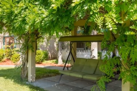 A shaded outdoor seating area with a green cushioned swing bench under a pergola covered with lush green vines. The surrounding area includes grass, bushes, and part of a building in the background.