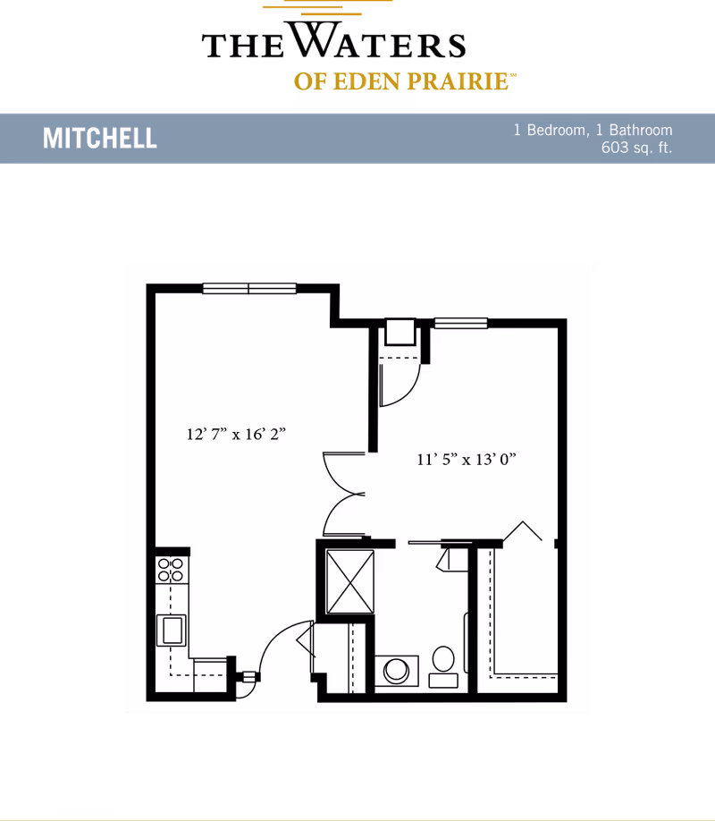 Floor plan of a one-bedroom, one-bathroom apartment named Mitchell at The Waters of Eden Prairie, showing dimensions of the living room (12'7" x 16'2") and bedroom (11'5" x 13'0"), with kitchen and bathroom layout.