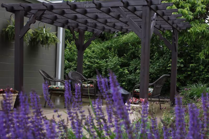 A shaded outdoor patio with a wooden pergola, wicker chairs, and purple flowers in the foreground.