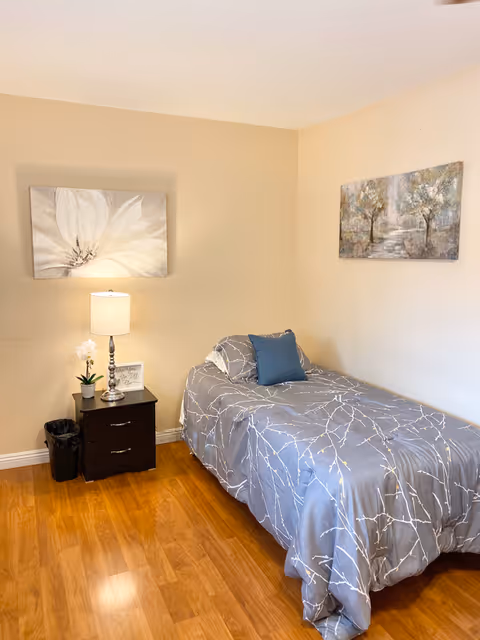 A small bedroom with a single bed covered in a gray bedspread with a white branch pattern and a blue pillow. Next to the bed is a dark wooden nightstand with two drawers, a table lamp, a small potted plant, and a framed picture. The room has light beige walls with two paintings hanging, one of a large white flower and the other of a pathway through trees. The floor is wooden.