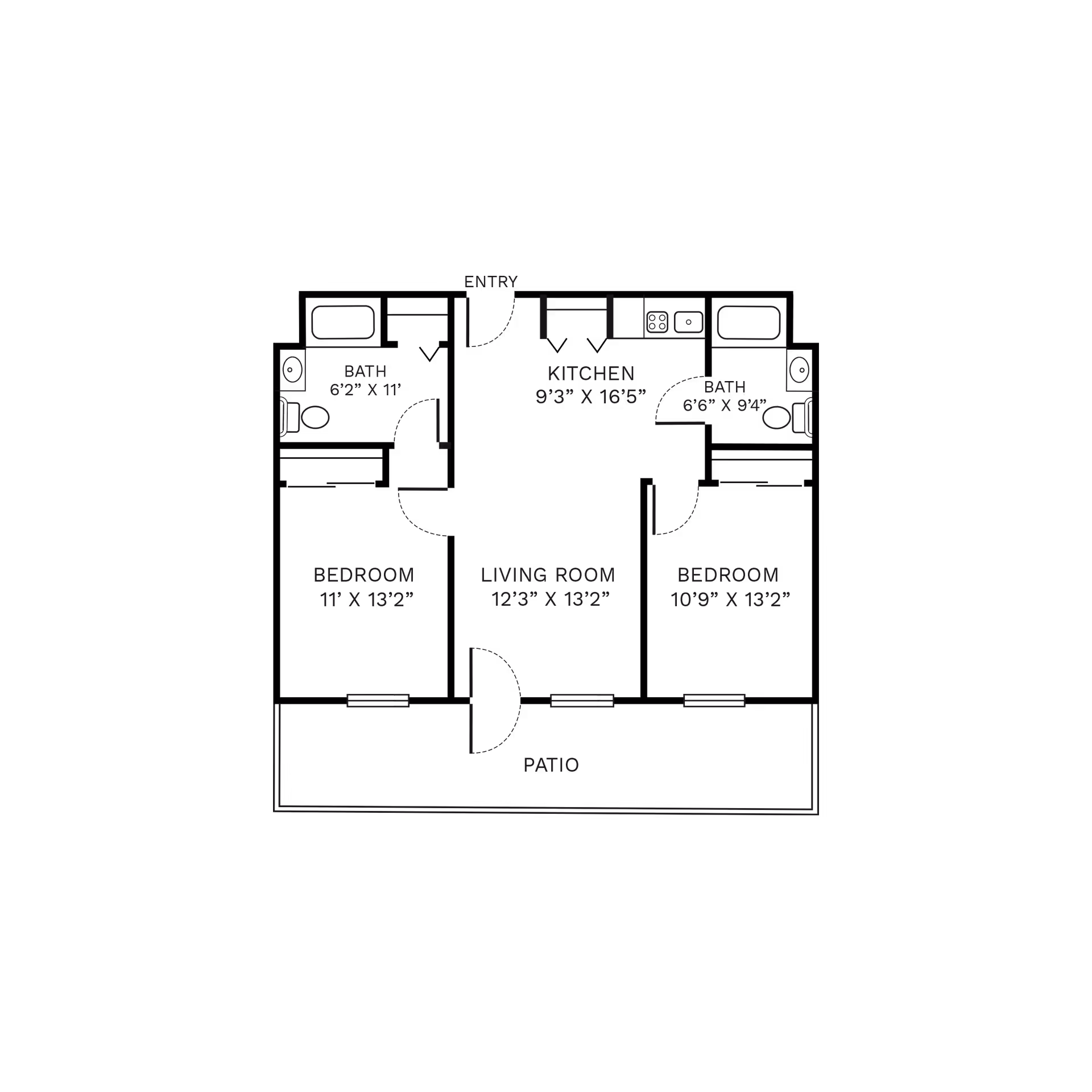 Floor plan diagram of a two-bedroom apartment showing a kitchen, living room, two bathrooms, bedrooms and a patio.