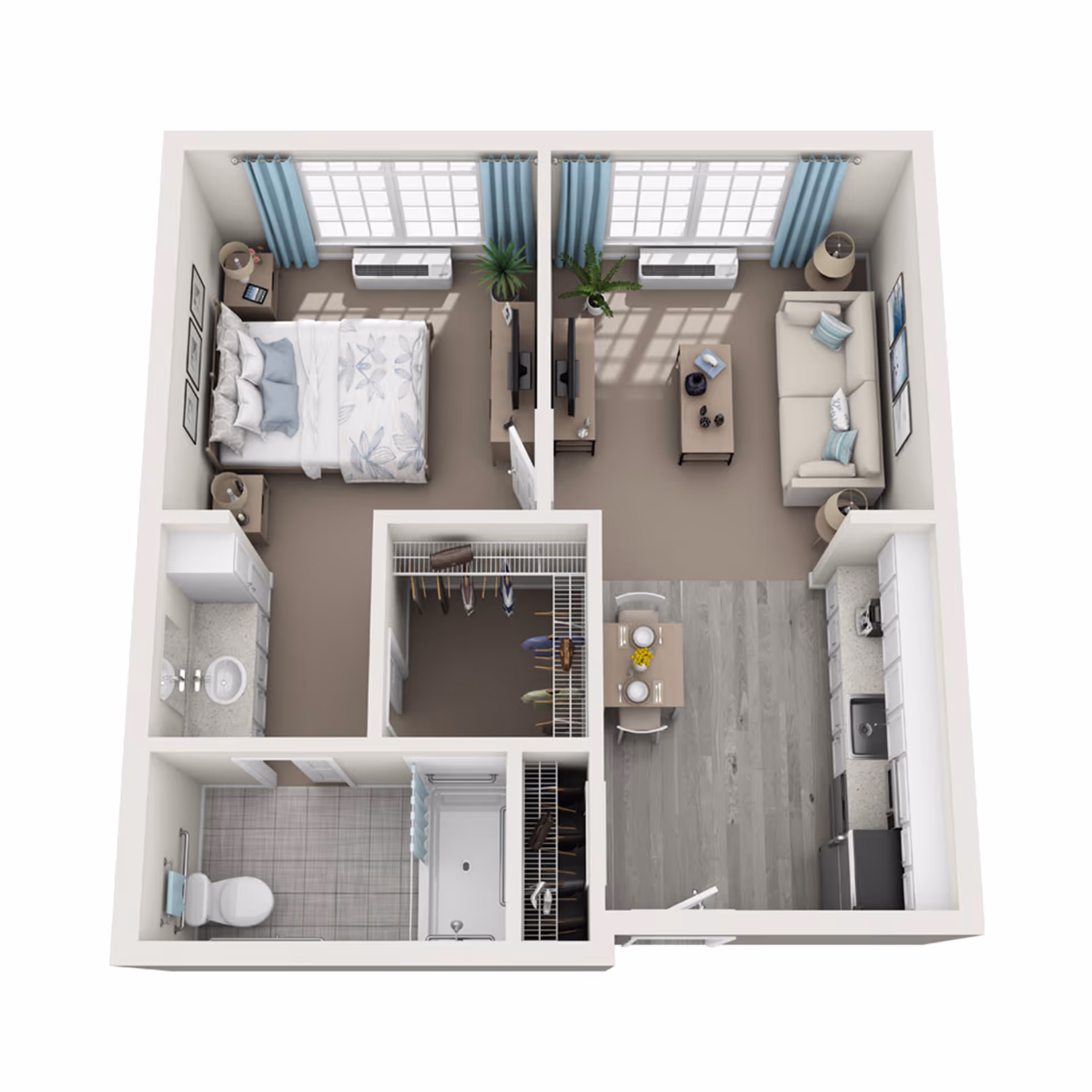 3D floor plan of a senior living apartment at Sancerre at Orange City showing a bedroom with a bed and nightstands, a living room with a sofa and coffee table, a kitchen with appliances and dining table, a bathroom with a toilet and shower, and a walk-in closet.