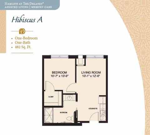 Floor plan of Hibiscus A unit at The Delaney assisted living and memory care, showing a one-bedroom, one-bathroom layout with a living room and kitchenette, totaling 482 square feet.