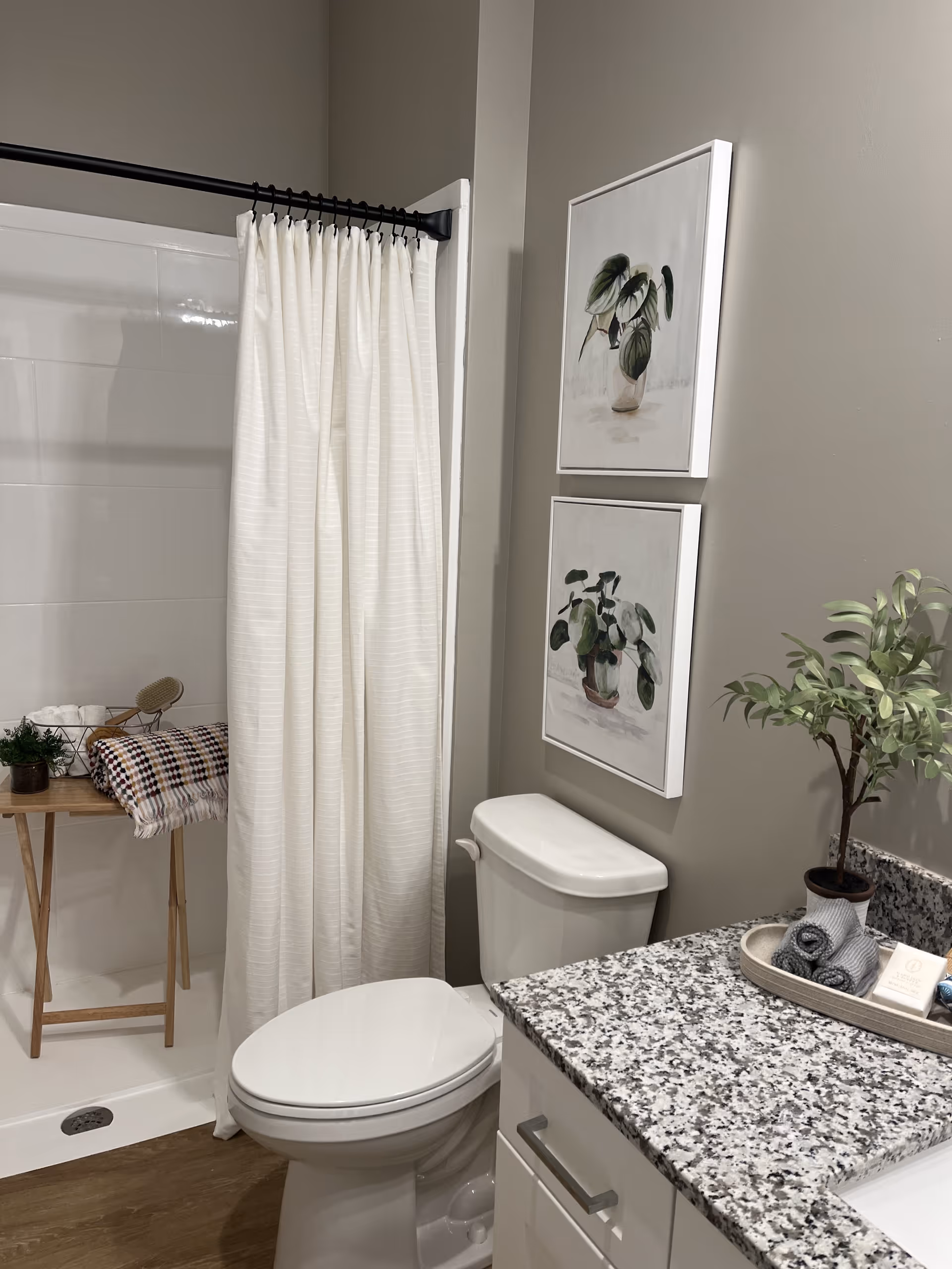 A clean and modern bathroom featuring a white toilet, a granite countertop with a small potted plant and neatly rolled towels on a tray, a shower with a white curtain, and two framed botanical prints on the wall.