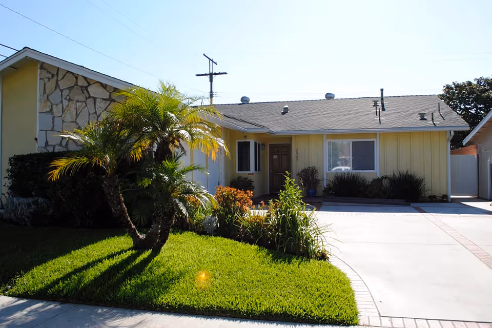 Single-story yellow house with a stone accent wall on the left side, a brown front door, and a large window. The front yard features a small palm tree, green grass, and various shrubs. The driveway is concrete with brick accents and leads to the front entrance. The sky is clear and blue.