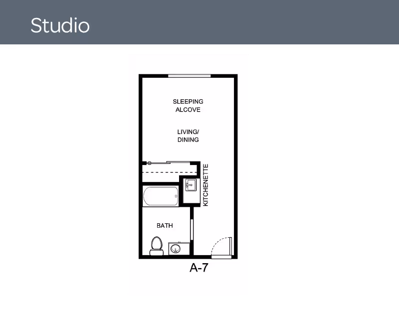 Black-and-white studio floor plan labeled A-7 showing a sleeping alcove, living/dining area, kitchenette and bathroom.