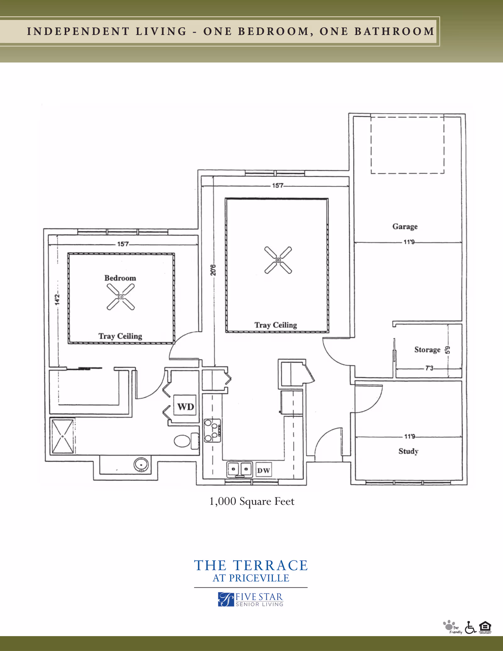 Floor plan of an independent living unit with one bedroom and one bathroom at The Terrace at Priceville. The layout includes a bedroom with tray ceiling, a bathroom, a kitchen area with dishwasher, a living room with tray ceiling, a study, a storage room, and a garage. The total area is 1,000 square feet.
