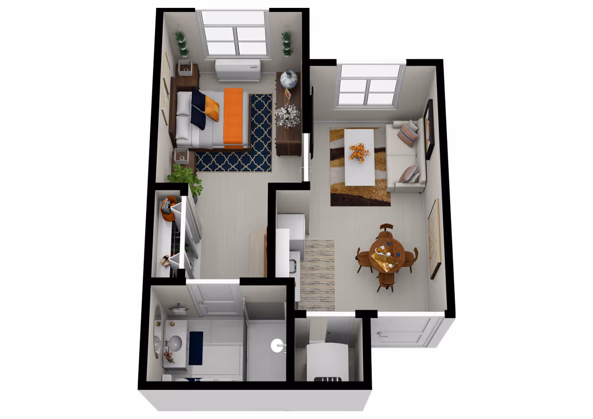 3D floor plan of a one-bedroom apartment featuring a bedroom with a bed, nightstands, and a dresser; a living room with a sofa, coffee table, and dining table with chairs; a kitchen area; and a bathroom with a shower, sink, and toilet.