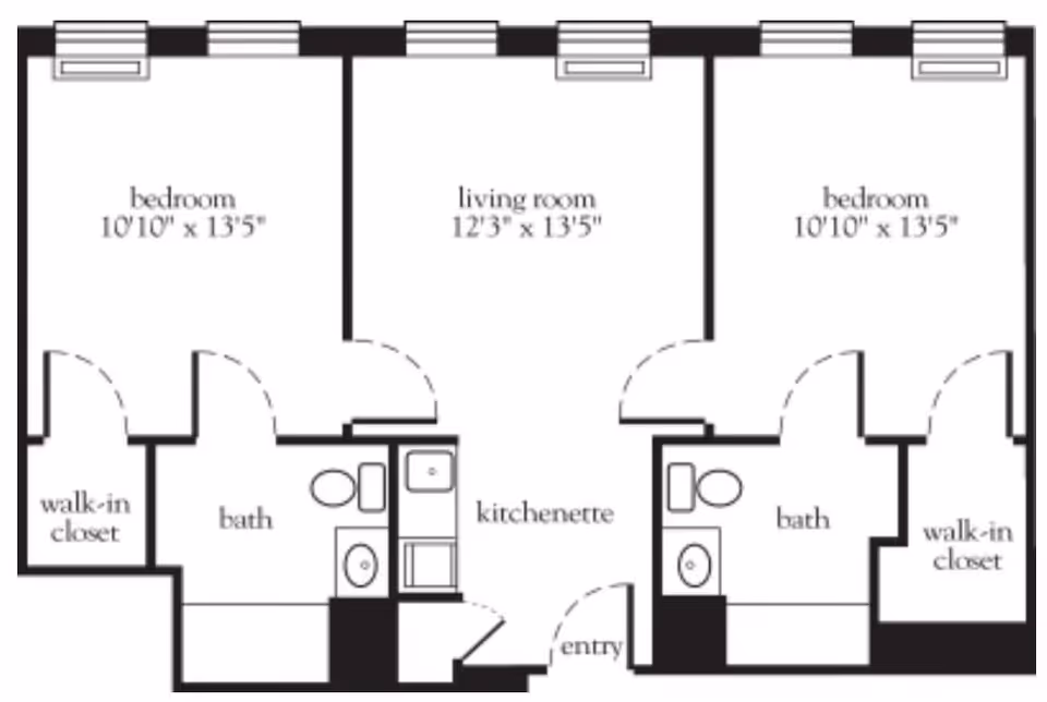 Architectural floor plan showing a living space with two bedrooms, each with a walk-in closet, two bathrooms, a living room, and a kitchenette with an entry area.