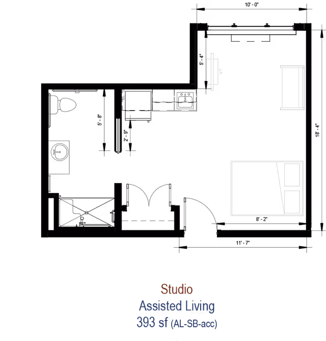 Black background studio floor plan diagram showing bed and furniture outlines with the label 'Studio Assisted Living 393 sf'.